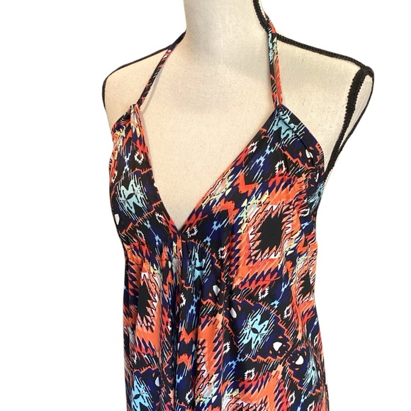 Bhoom Silky Ruffle Hem Halter Maxi Long Dress, One Size Geometric Print - Picture 3 of 9